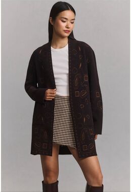 NVLT Sz L Anthropologie Longline Western Paisley Coatigan Brown Open Front Cardi